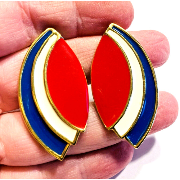Vintage Monet Clip On Earrings Patriotic Mod 1970's Red White & Blue Jewelry - Picture 5 of 7